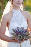 Fashion A-line Halter Sleeveless Backless Chiffon Beach Wedding Dress with Lace KPW0174