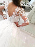 Gorgeous Ivory V-Neck Long Sleeves Appliques Watteau Train Wedding Dress KPW0175