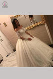 Luxury Off the Shoulder Long Sleeve Ball Gown Chapel Train Appliques Wedding Dress KPW0176