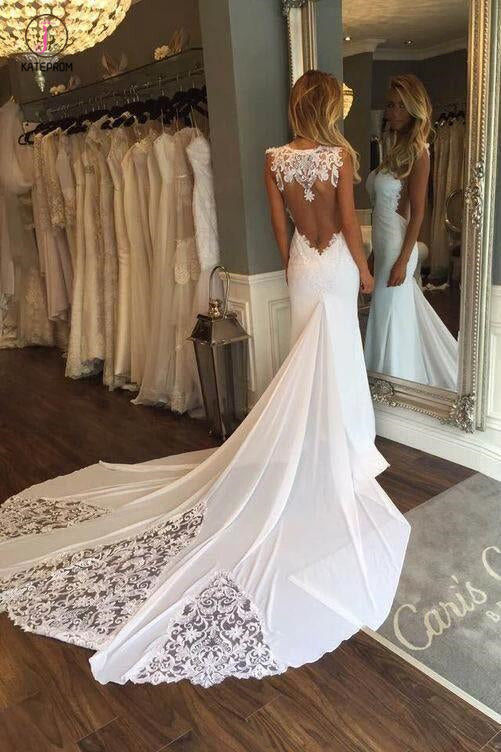 See-through Sheath Sleeveless Long Beach Wedding Dress with Lace,Bridal Dress KPW0177