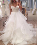 A Line Ivory Sweetheart Strapless Layered Tulle Long Beach Wedding Dress KPW0178