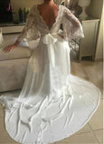 Romantic Boho V Neck Lace Appliques Chiffon Long Beach Wedding Dress with Sash KPW0181