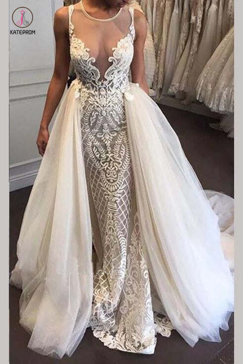 Gorgeous Illusion Tulle Detachable-Train Sleeveless Lace Applique Wedding Gown KPW0182