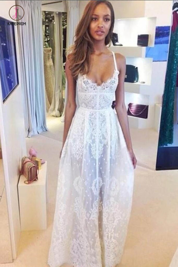 Boho White Spaghetti Straps V-neck Lace Beach Wedding Dress,Sexy Bridal Gown KPW0183