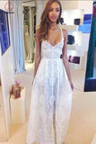 Boho White Spaghetti Straps V-neck Lace Beach Wedding Dress,Sexy Bridal Gown KPW0183
