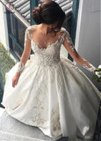Attractive design Sheer Neck Long Illusion Sleeve Satin Wedding Dress with Applique KPW0184