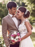 Romantic Off White Sheer Neck Cap Sleeve Chiffon Bridal Dress with Lace Applique KPW0185