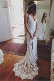Romantic Boho Deep U Neck Wedding Dresses Backless Lace Mermaid Wedding Gown KPW0189