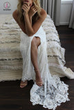 Romantic Boho Deep U Neck Wedding Dresses Backless Lace Mermaid Wedding Gown KPW0189