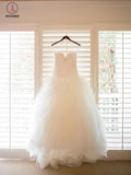 Ivory Sweetheart Long Tulle Wedding Dresses With Ruffles,Beach Wedding Dresses KPW0190