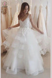 Charming Ivory U Neck Appliques Tulle Wedding Dress,Sleeveless Layers Bridal Dress KPW0191