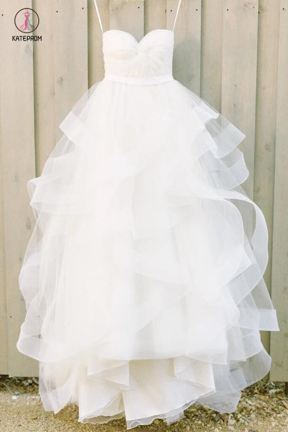 Ivory Sweetheart Strapless Tulle Floor-length Beach Wedding Dresses With Ruffles KPW0192
