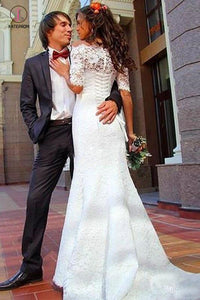 Mermaid Off-the-Shoulder Half Sleeves Lace Wedding Dress,Vintage Trumpet Bridal Dress KPW0193