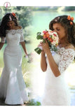 Mermaid Off-the-Shoulder Half Sleeves Lace Wedding Dress,Vintage Trumpet Bridal Dress KPW0193