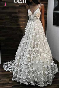 Charming V Neck Spaghetti Straps Lace Backless Long Wedding Dress KPW0194