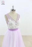 Lilac V Neck Sleeveless Tulle Wedding Dress Lace Appliqued Bridal Gown with Belt KPW0195