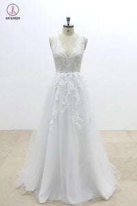 A Line V Neck Lace Appliqued Tulle Wedding Dress with V-Cut Back,Beach Wedding Dress KPW0196