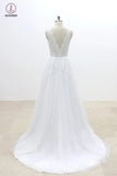 A Line V Neck Lace Appliqued Tulle Wedding Dress with V-Cut Back,Beach Wedding Dress KPW0196