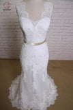Sheath V Neck Sleeveless Lace Bridal Dress, Sweep Train Tulle Beach Wedding Gown with Sash KPW0197