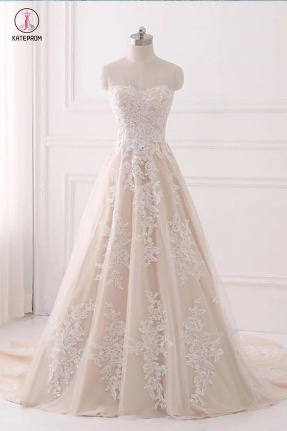 A Line Sweetheart Tulle Wedding Dress with Appliques,Strapless Prom Dresses KPW0199
