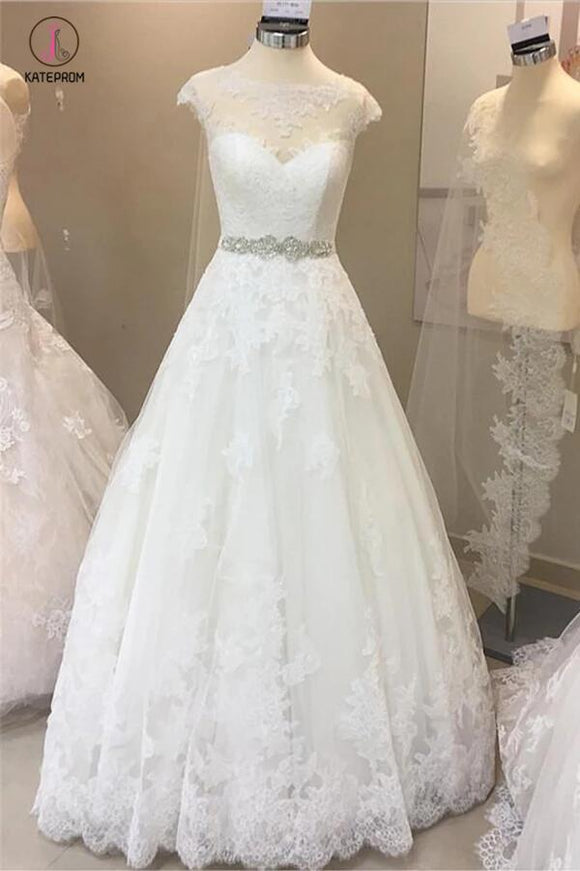 A Line Vintage Cap Sleeves Beaded Sashes Lace Wedding Dresses, Long Bridal Dress KPW0200