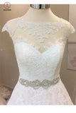 A Line Vintage Cap Sleeves Beaded Sashes Lace Wedding Dresses, Long Bridal Dress KPW0200