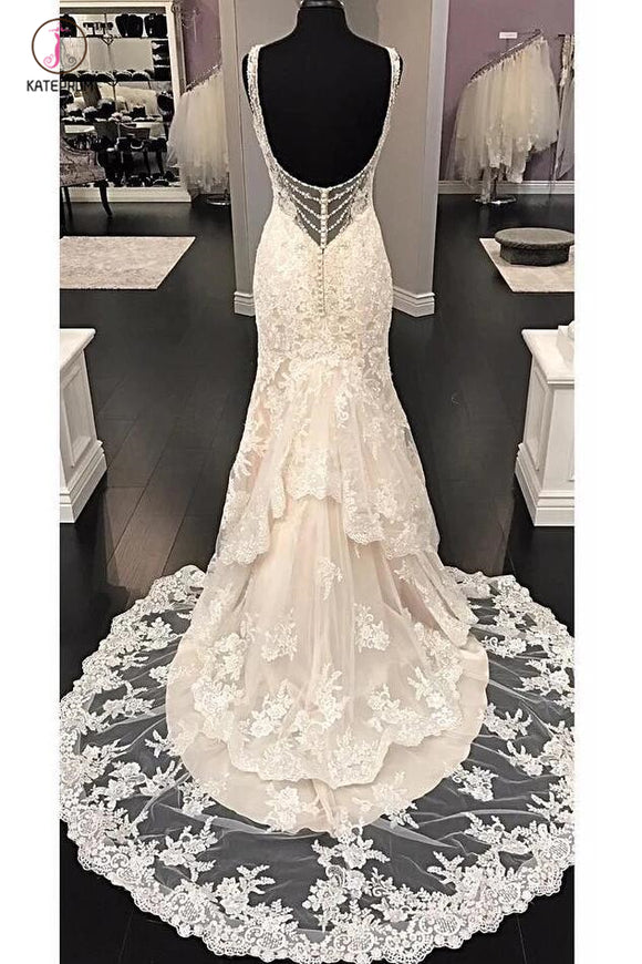 Luxurious V Neck Sleeveless Mermaid Long Lace Wedding Dress, Sweep Train Bridal Dress KPW0201