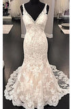 Luxurious V Neck Sleeveless Mermaid Long Lace Wedding Dress, Sweep Train Bridal Dress KPW0201