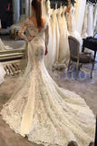 Trumpet V-neck Long Sleeves Court Train Lace Wedding Dresses, Mermaid Lace Bridal Dress KPW0202