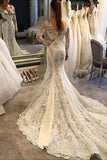 Trumpet V-neck Long Sleeves Court Train Lace Wedding Dresses, Mermaid Lace Bridal Dress KPW0202