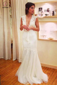 Long Applique Tulle V-neck Sleeveless Mermaid Wedding Dresses, Sexy Bridal Dress KPW0204