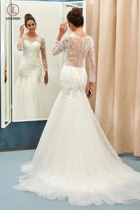 Ivory Sweep Train Applique Tulle Long Sleeves Wedding Dresses, Elegant Bridal Dress KPW0205