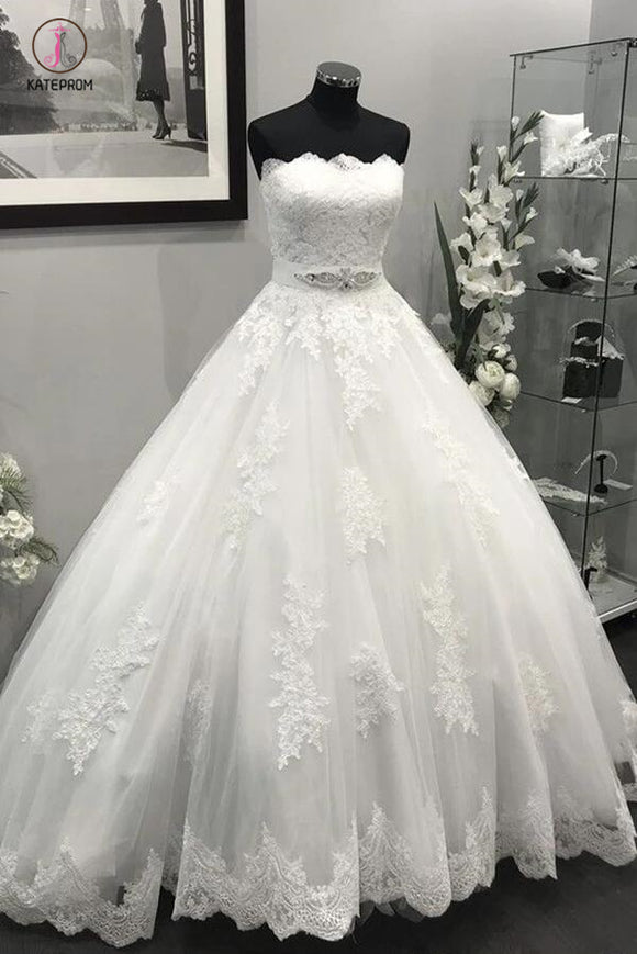 Ivory Strapless Lace Appliques Crystal Beaded Sash Tulle Wedding Dresses Ball Gowns KPW0206