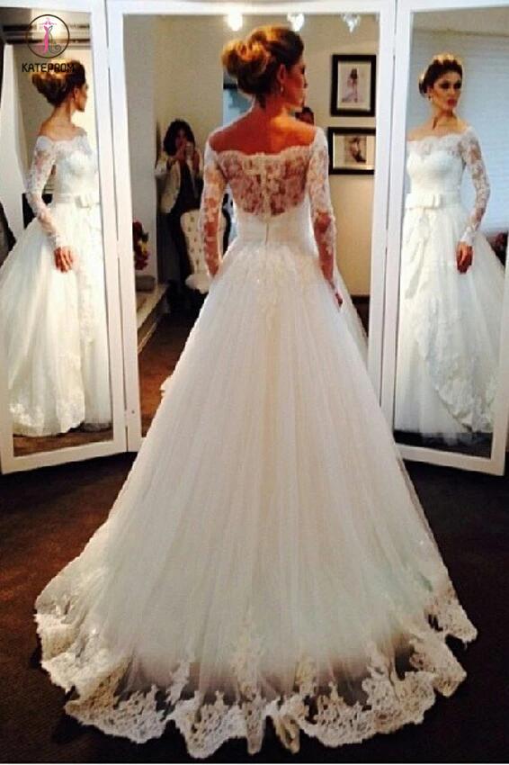 Elegant Tulle Lace Off-the-shoulder Bridal Dresses Long Sleeve Wedding Dress KPW0208