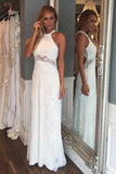 Floor Length Sleeveless Jewel Beach Wedding Dress, Long Elegant Prom Dress KPW0210