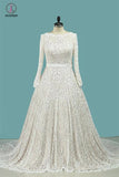 Vintage Long Sleeves Lace Wedding Dress with Sash, A Line Backless Bridal Dress KPW0211