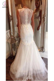 Ivory V Neck Sleeveless Mermaid Wedding Dress, Long Tulle Bridal Dress with Appliques KPW0212