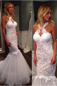 Mermaid Halter Sleeveless Tulle Wedding Dress with Lace Appliques,Long Bridal Dresses KPW0214