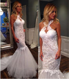 Mermaid Halter Sleeveless Tulle Wedding Dress with Lace Appliques,Long Bridal Dresses KPW0214