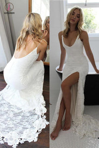 Spaghetti Straps Lace Wedding Dress with Side Slit, Ivory Long Backless Split Bridal Dresses KPW0215