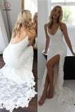Spaghetti Straps Lace Wedding Dress with Side Slit, Ivory Long Backless Split Bridal Dresses KPW0215