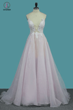 Deep V Neck Light Pink A Line Prom Dress, Spaghetti Straps Appliques Sexy Prom Dress KPW0216