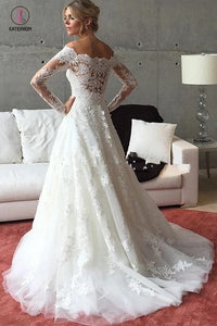 A Line Off the Shoulder Long Sleeves Sweep Train Wedding Dress with Lace Appliques KPW0217