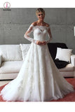 A Line Off the Shoulder Long Sleeves Sweep Train Wedding Dress with Lace Appliques KPW0217