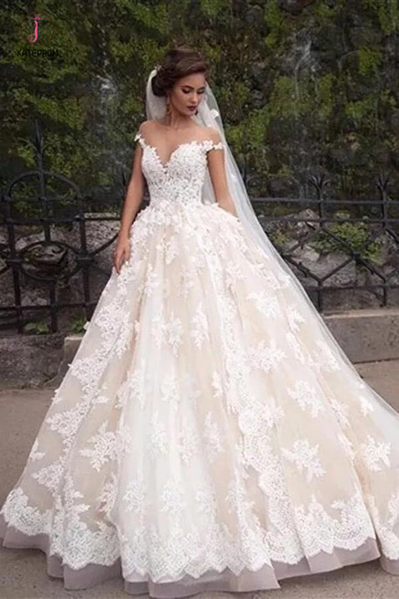 Gorgeous Sheer Neck Cap Sleeves Lace Appliques Wedding Dress, A Line Bridal Dress KPW0219