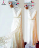 Flowing V-Neck A-Line Split Wedding Dresses With Lace, Beach Wedding Dress with Beads KPW0220