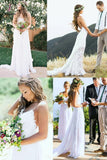 Simple Boho Spaghetti Straps Wedding Dress, Cheap Long Lace Beach Wedding Gown KPW0222