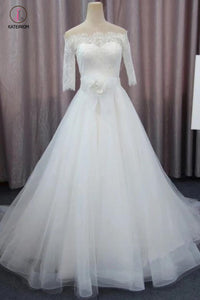 A Line 3/4 Sleeves Tulle Wedding Dress with Flowers, Fluffy Off Shoulder Bridal Dress with Lace KPW0223