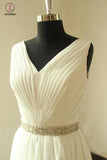 Ivory V Neck Sleeveless Pleated Slit Chiffon Summer Beach Wedding Dress with Beading KPW0224