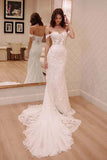 Sexy Off Shoulder Appliqued Beach Wedding Dress with Court Train, Ivory Bridal Dress KPW0225